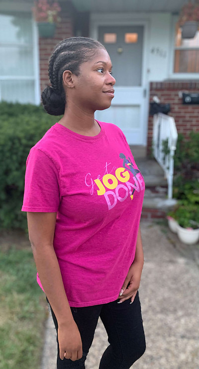 woman in colorful t shirt